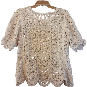 Solitaire Cream Crocheted Top Scoop Neck Scalloped Hem Boho Coquette Size Medium